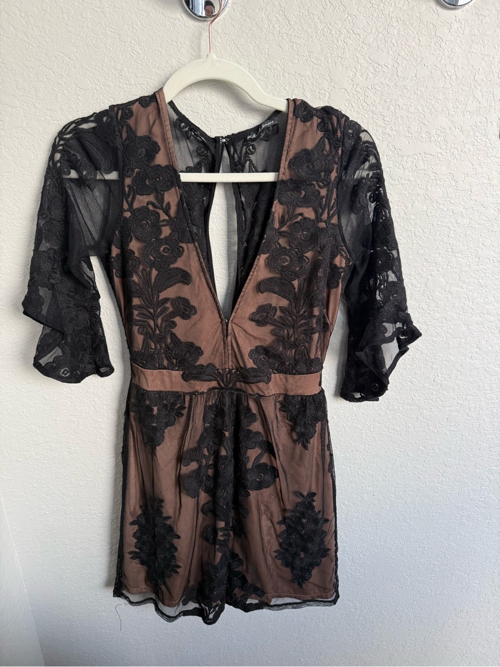 For Love And Lemons Black Lace Overlay Mini Dress with Brown Lining